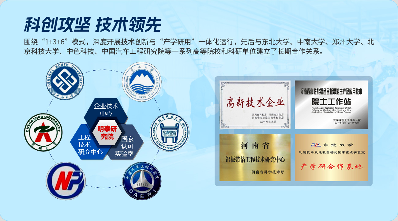 科創(chuàng)攻堅 技術領先,圍繞“1+3+6”模式，深度開展技術創(chuàng)新與“產學研用”一體化運行，先后與東北大學、中南大學、鄭州大學、北京科技大學、中色科技、中國汽車工程研究院等一系列高等院校和科研單位建立了長期合作關系。